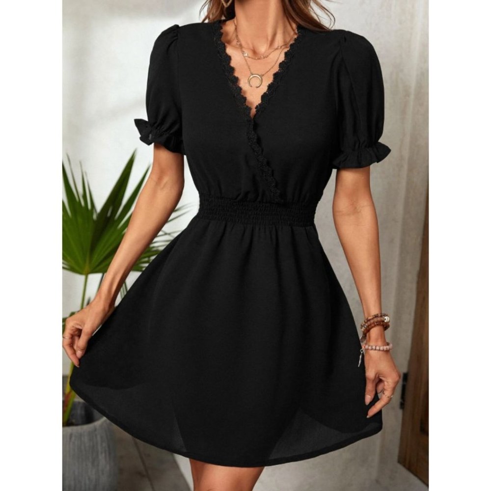LAST ONE 🔥  Puff Sleeve Lace Trim Shirred Waist Dress *